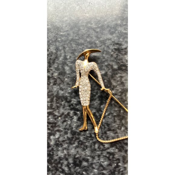 Vintage CAROLEE Signed Woman Walking Scottie Dog Brooch Pin Diamanté Crystals - Picture 2 of 7